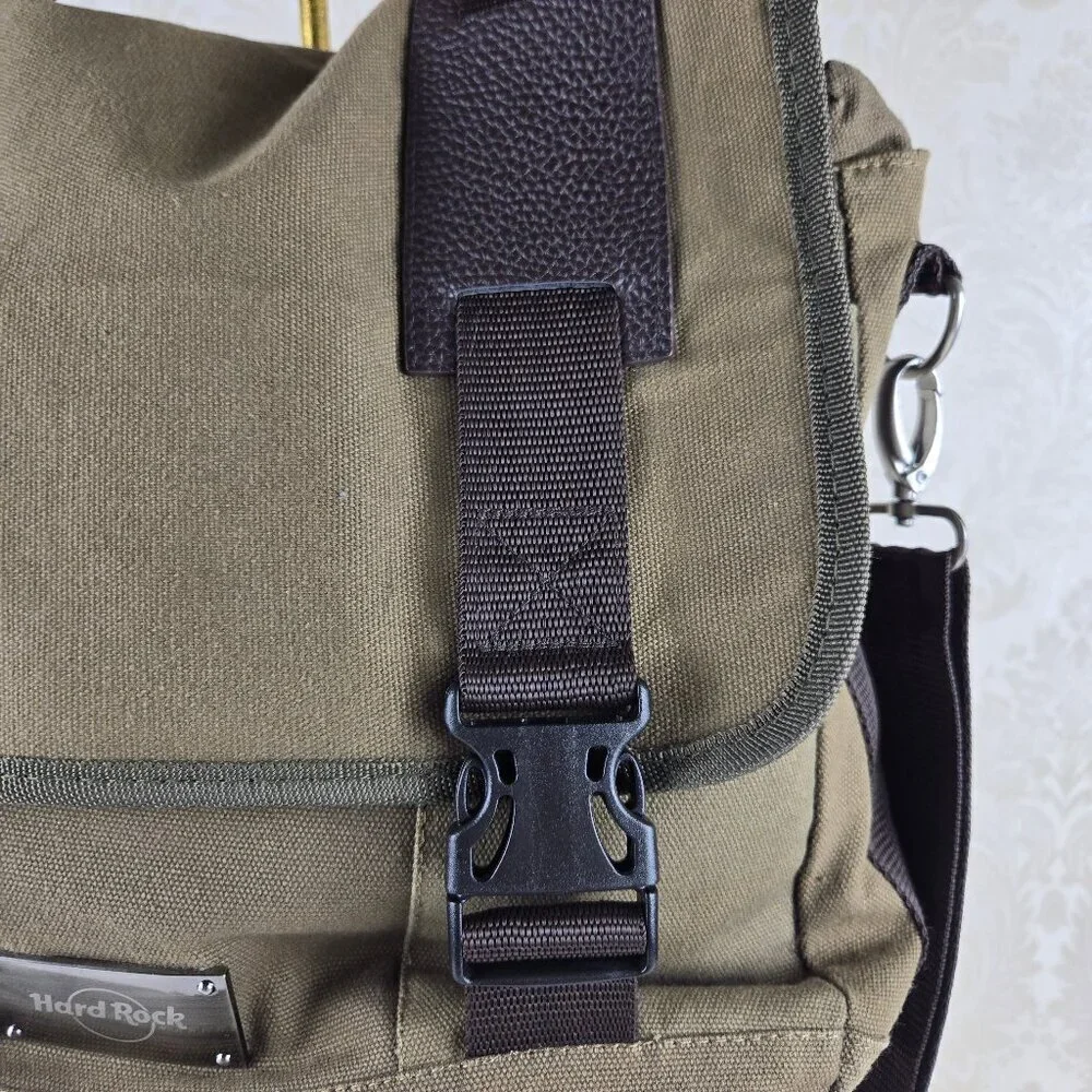 Hard Rock Olive Green Messenger Bag Laptop 100% Cotton Buckles Top Handle Strap